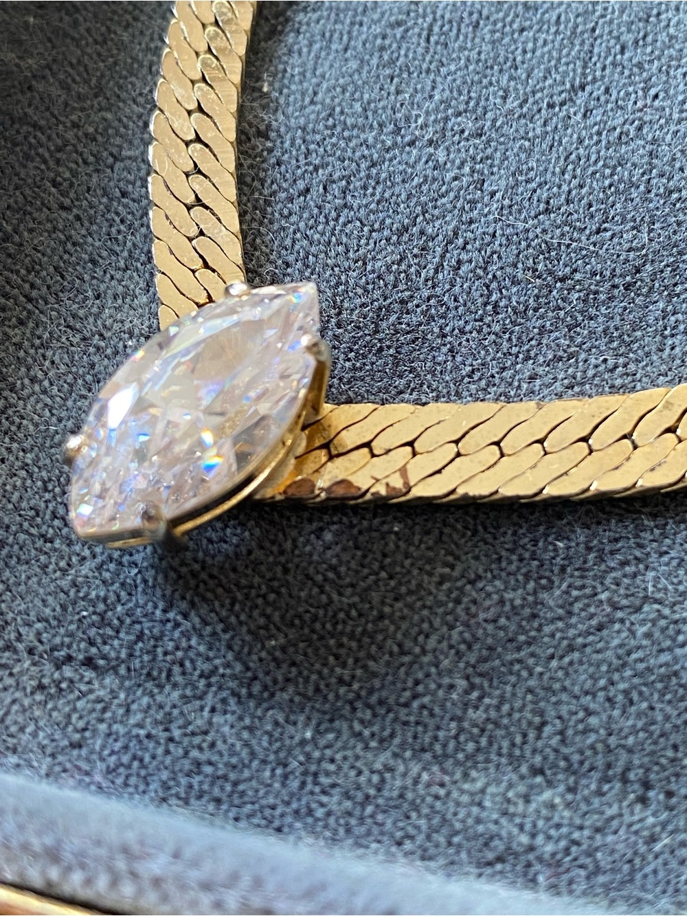 Gold-Tone Herringbone Necklace with Marquise Crystal Pendant - Picture 2 of 9